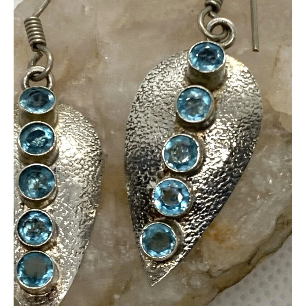 Vintage Round Blue Cubic Zirconia Dangle Drop Earrings Sterling 925‎ Silver 6.1g